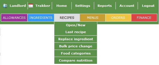 Recipe menu sub-menu