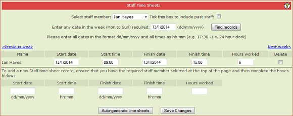 Finance Staff time sheets page