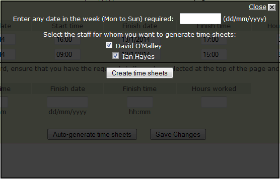 Finance Staff time sheets auto-generate