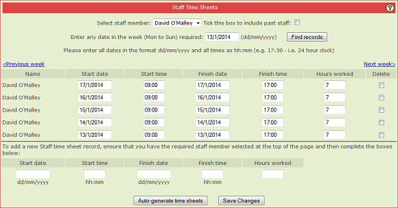 Finance Staff time sheets auto-generated