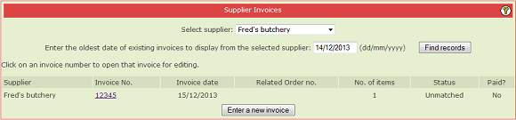 Finance Supplier Invoices main page