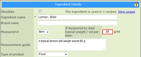 Ingredients names and measurement