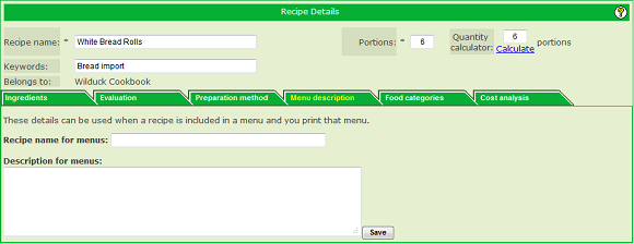 Recipe menu description