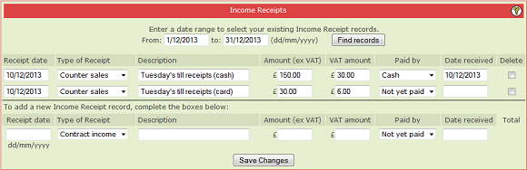 Finance Receipts page