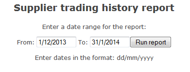 Finance Supplier Trading History report, date entry page