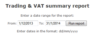 Finance Trading & VAT Summary report, date entry page