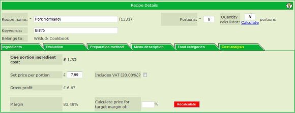 Recipe cost analysis